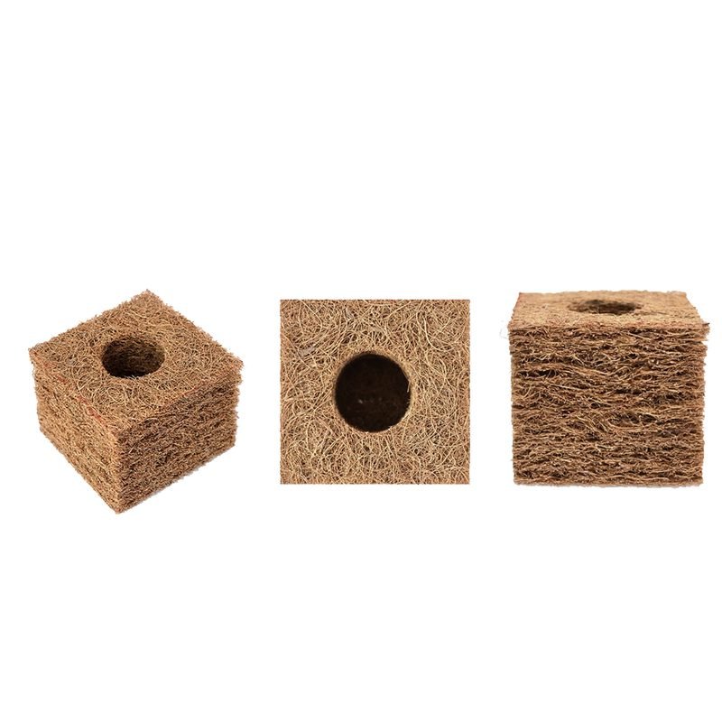 Coir propagation cubes shown from three angles, each with a central planting hole