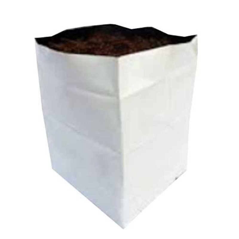 A white open top coir grow pot filled with expanded coir