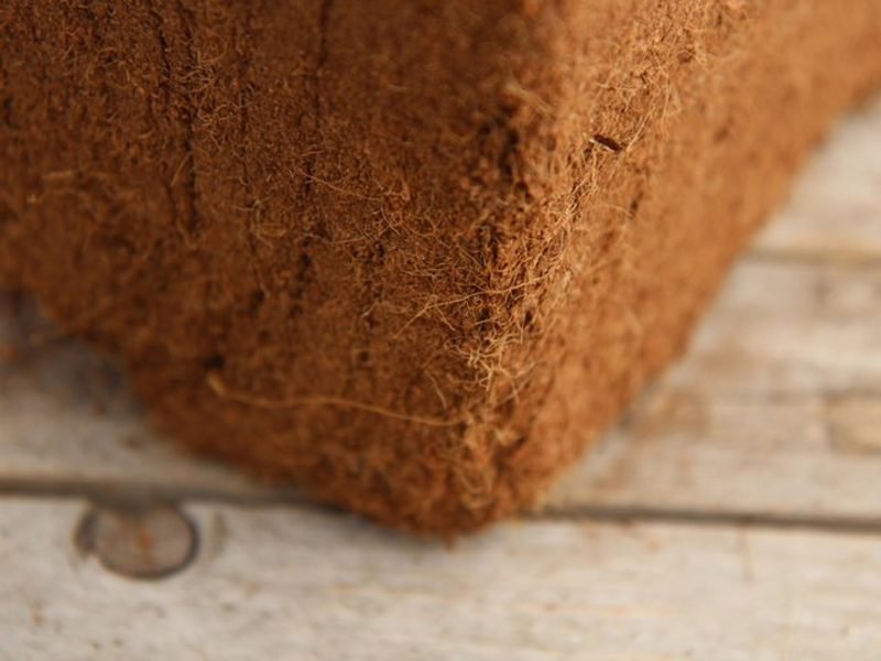 Close-up of coir fibre and pith texture on a compressed block